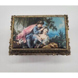 VTG Brass Metal Courting Couple Fabric Top Music Trinket Box Ornate Mele Japan